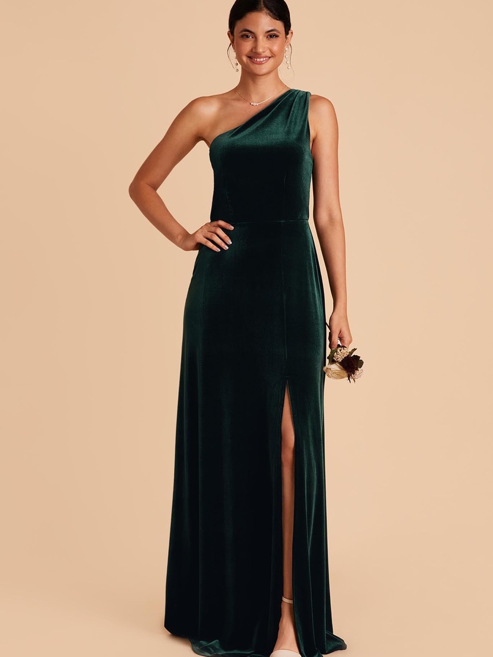 Birdy Grey One-Shoulder Velvet Gown in Emerald